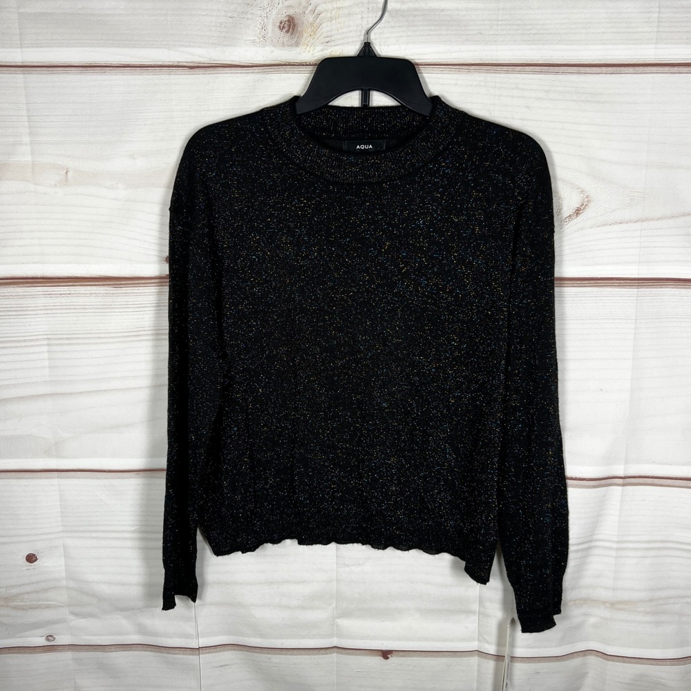 AQUA Speckled Sweater Womens XS Black Metallic Crewneck‎ Lightweight Pullover